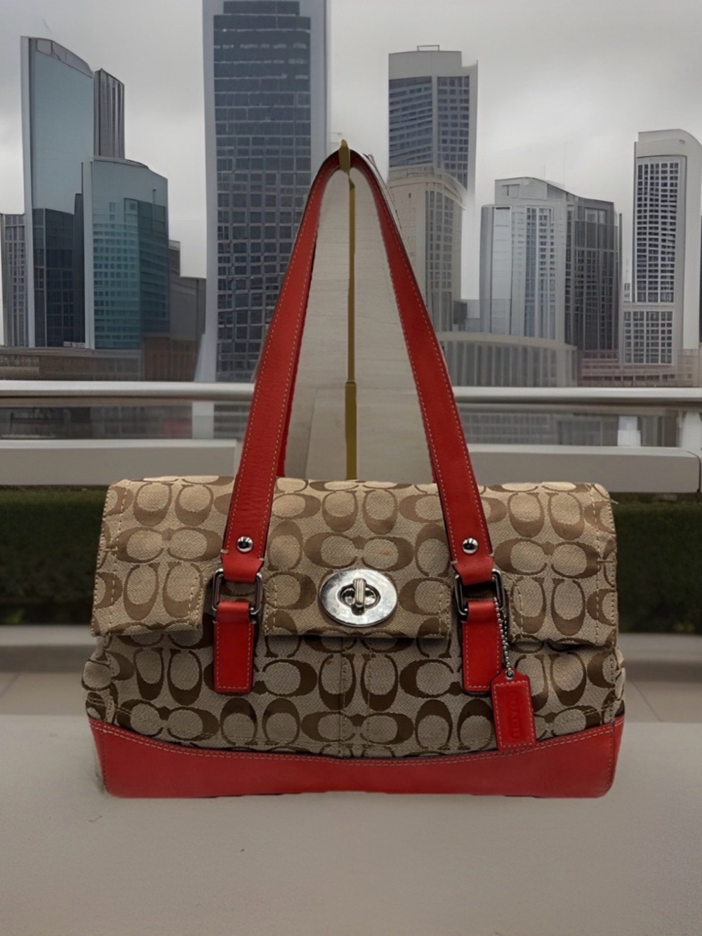 Coach Signature Canvas Shoulder Bag with Coral-Red Trim